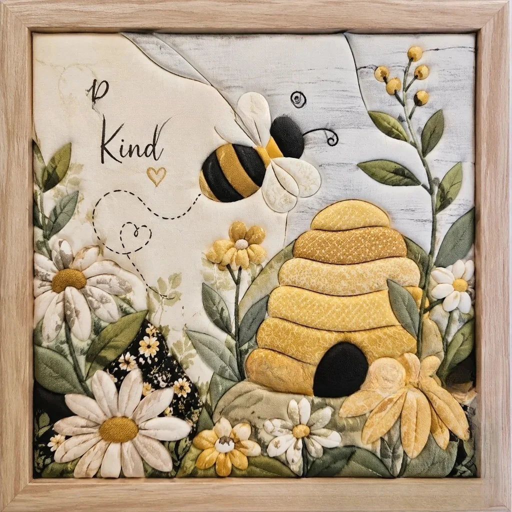 Bee and honeycomb no-sew fabric art with Be Kind wording