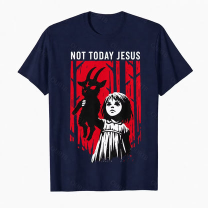 Navy Blue Not Today Jesus gothic goat graphic T-shirt with red woodland artwork