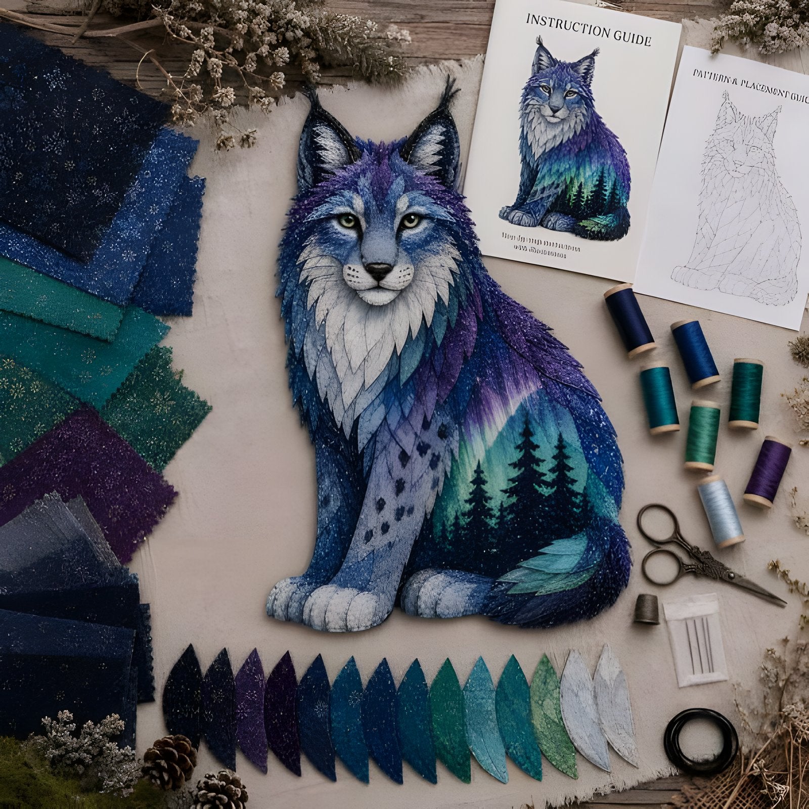 Lynx aurora patchwork art kit finished piece with craft supplies