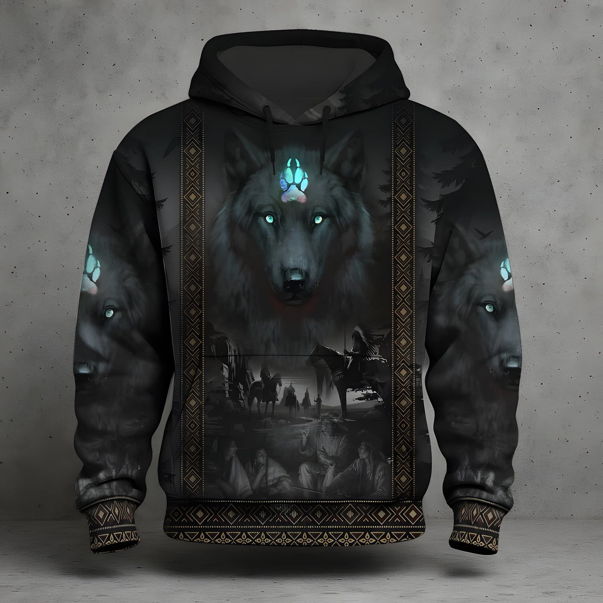 Nature graphic hoodie with dark wolf and forest artwork