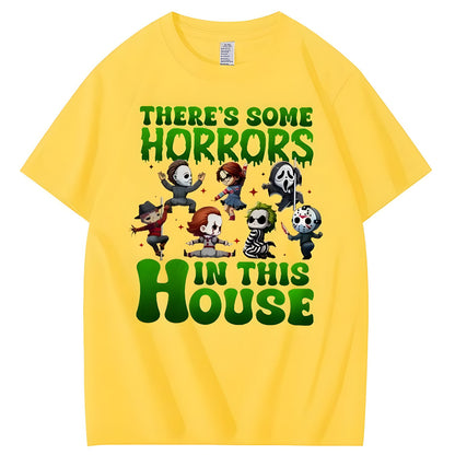 Yellow Halloween horror character graphic cotton T-shirt, front view