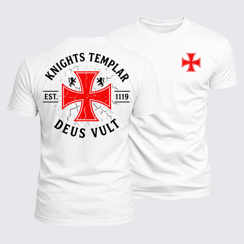 Knights Templar Deus Vult white cotton tee front and back