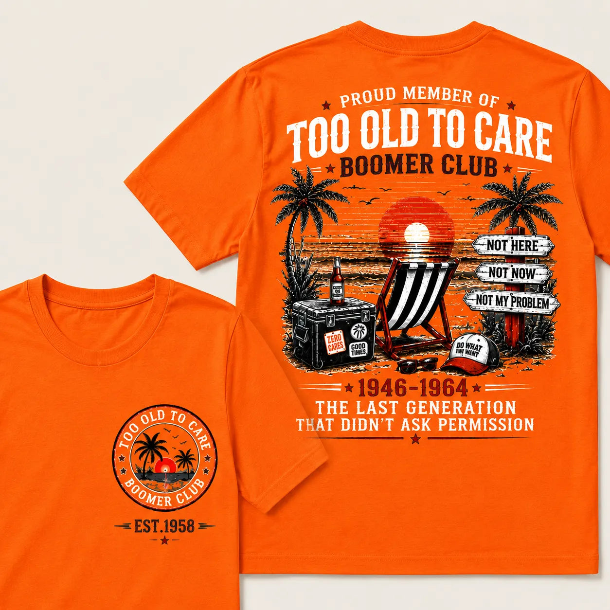 Custom EST year Boomer Club t-shirt in Orange with retro beach back print