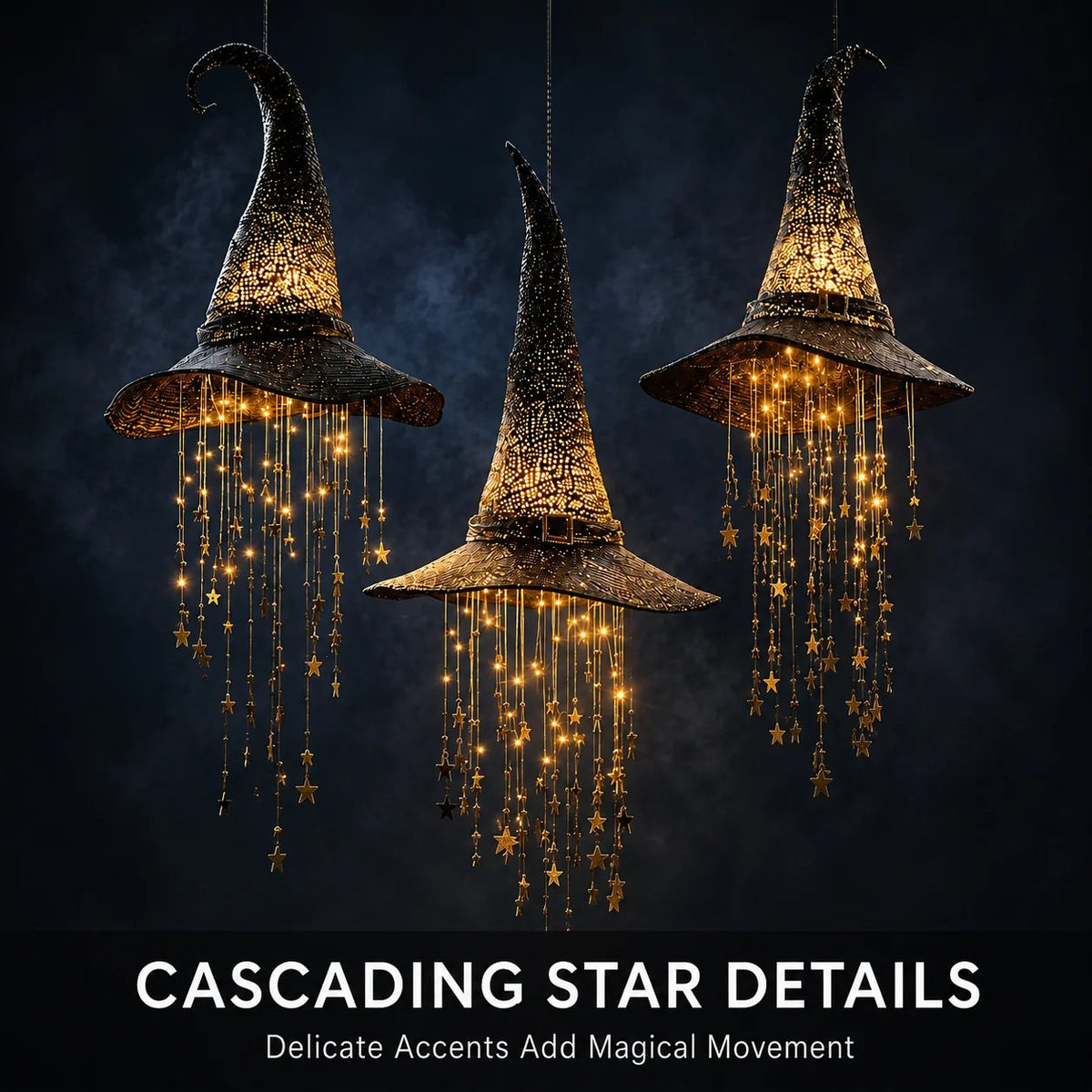 Cascading golden star details on lighted witch hat hanging chime close-up