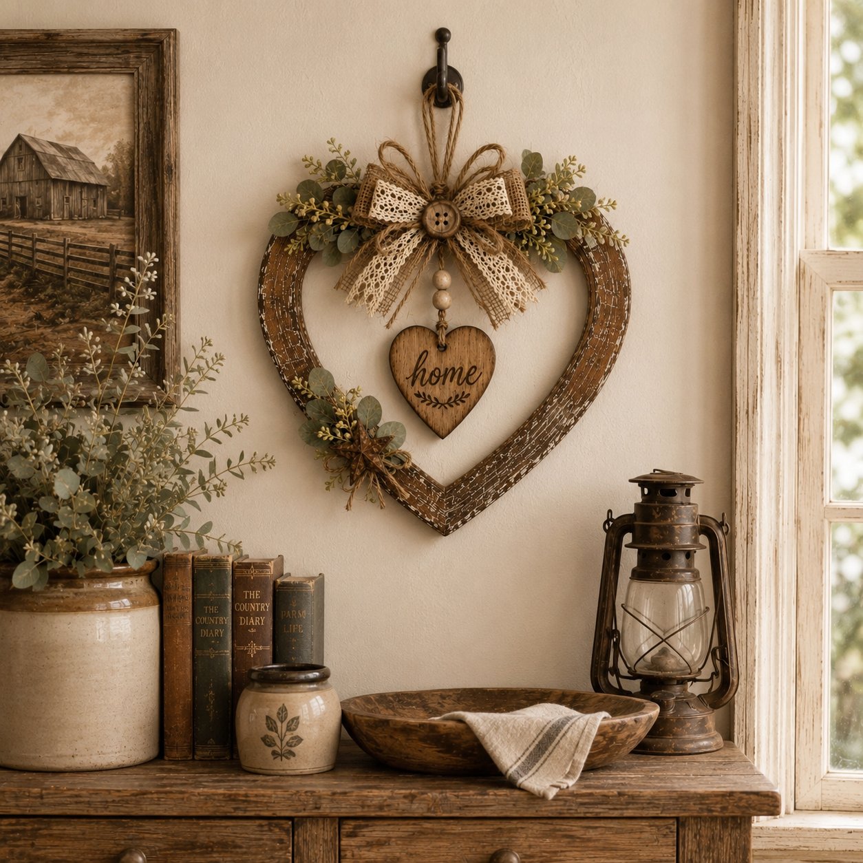Warm country brown rustic heart wreath farmhouse decor
