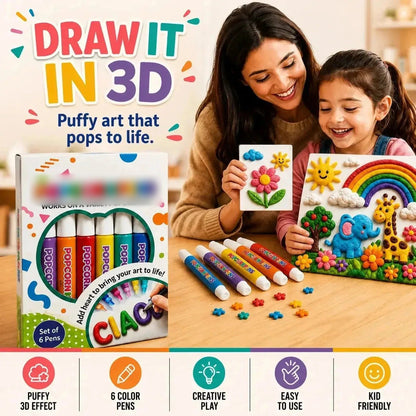 Mom and daughter drawing 3D puffy popcorn art together with 12-color pen kit