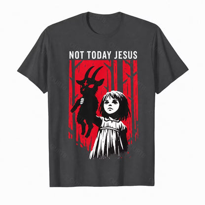 Grey Not Today Jesus gothic goat graphic T-shirt with red woodland artwork