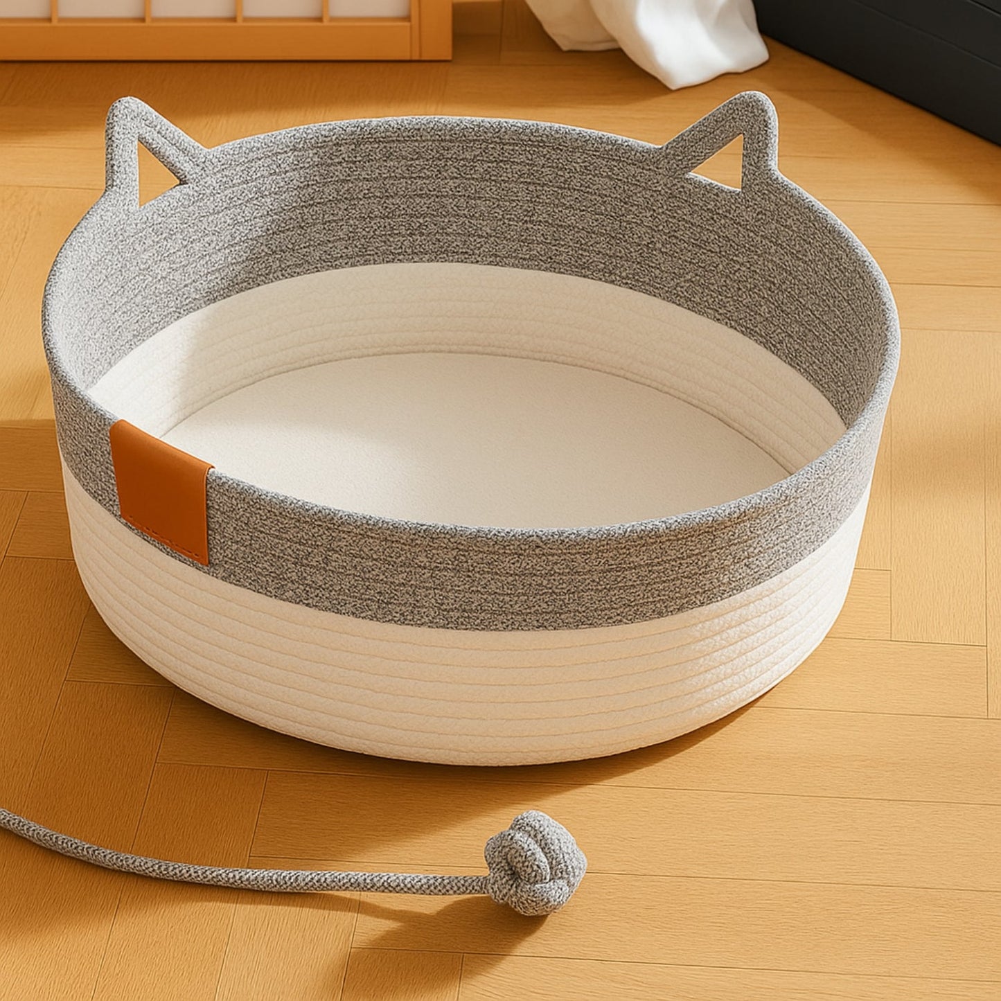 Grey woven rope cat bed with built-in yarn ball toy
