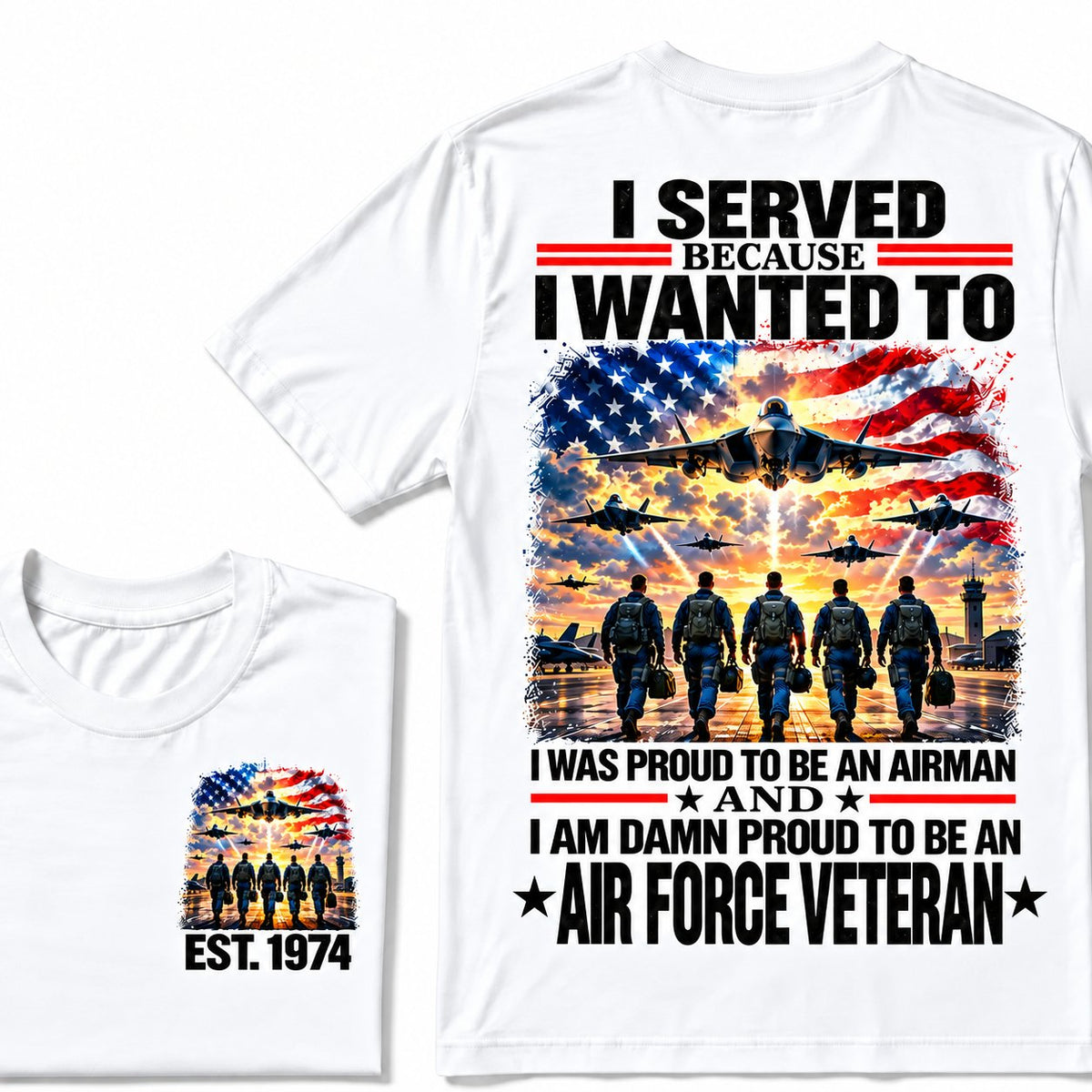 White Air Force veteran custom year T-shirt with front and back patriotic aircraft graphics