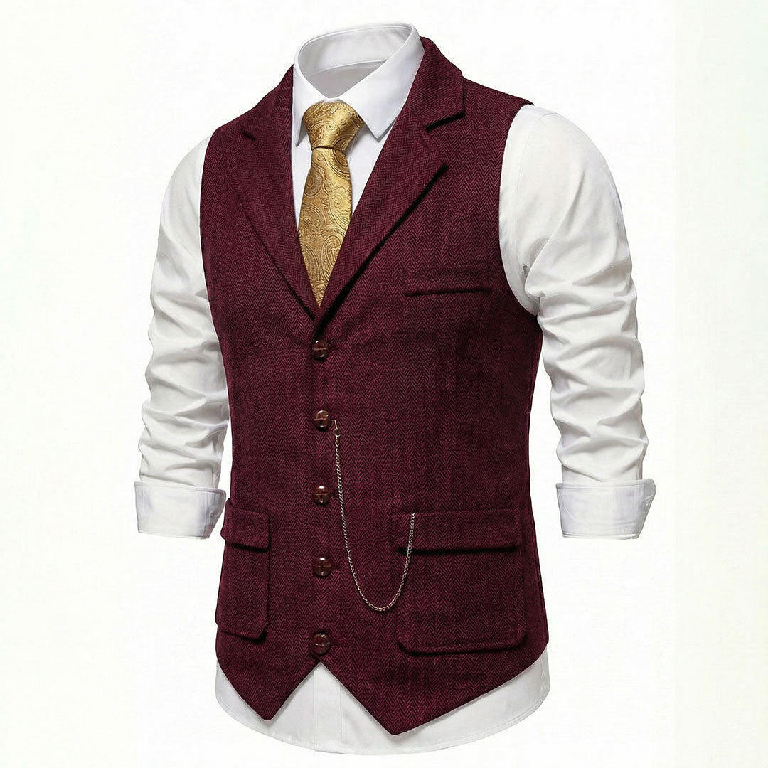 Men's Crimson Red tweed waistcoat alternate angle
