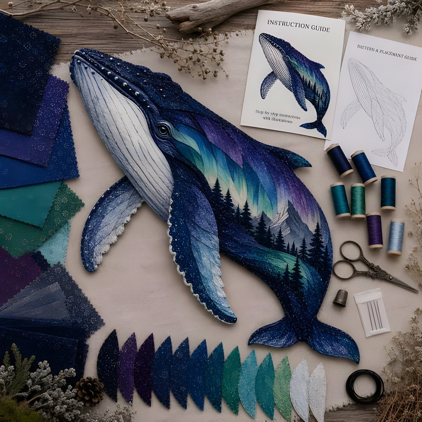 Humpback whale aurora patchwork art kit finished piece with supplies