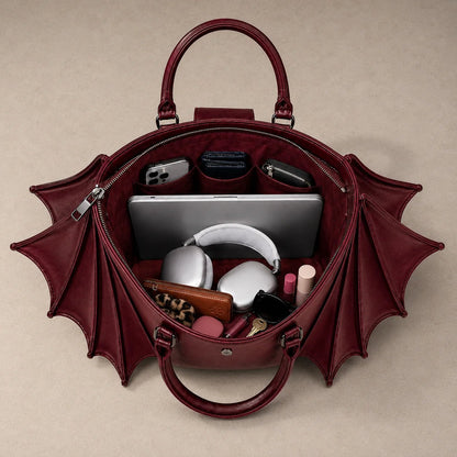 Dark Cherry batwing tote interior organizer pockets with example contents