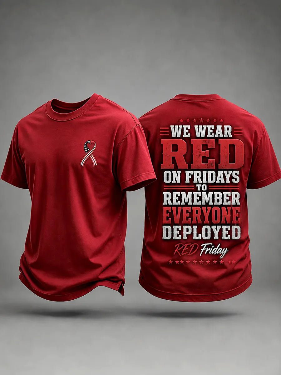 Men's R.E.D. Friday remembrance t-shirt in red with front ribbon badge and back print