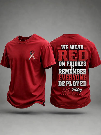 Men's R.E.D. Friday remembrance t-shirt in red with front ribbon badge and back print