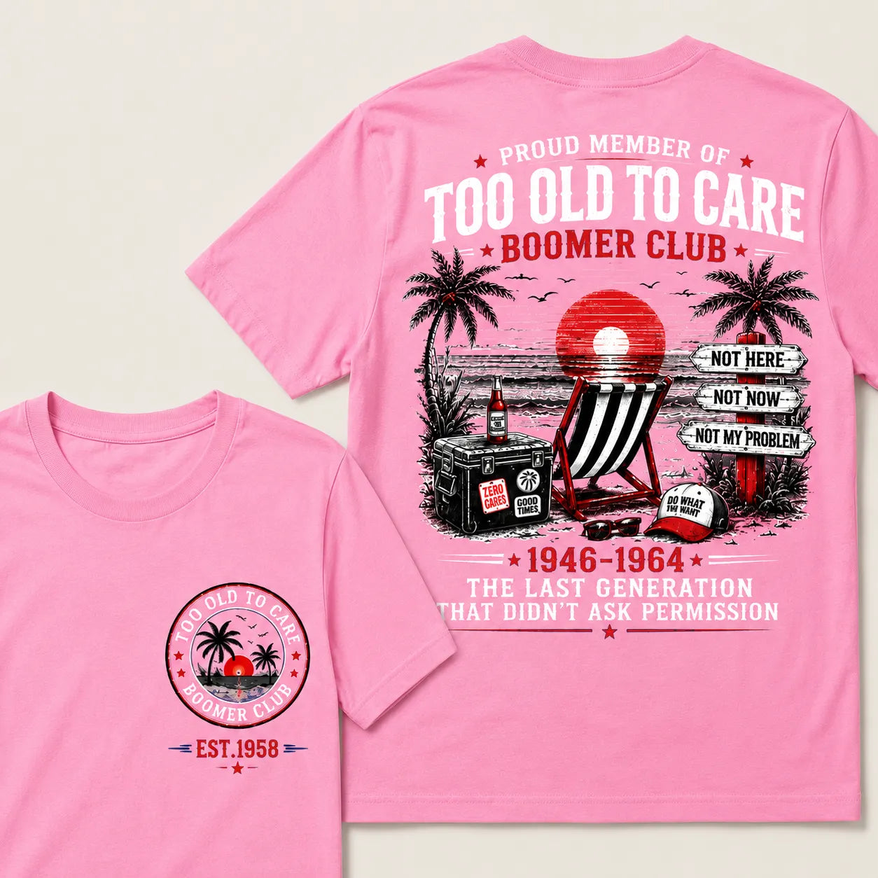 Custom EST year Boomer Club t-shirt in Pink with retro beach back print