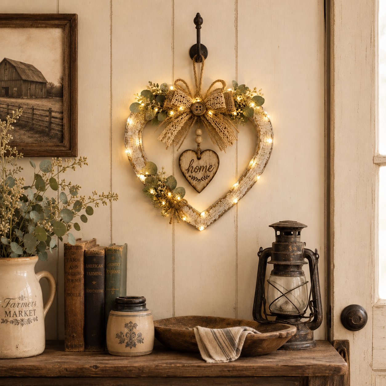 Lighted farmhouse white heart wreath with LED string lights