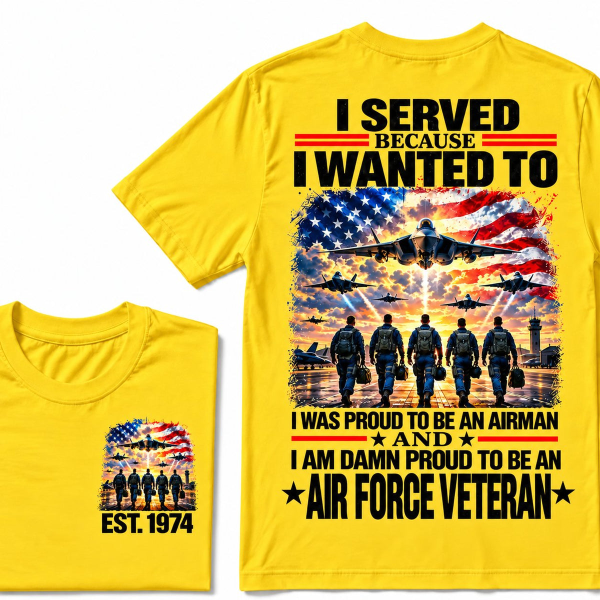 Yellow Air Force veteran custom year T-shirt with front and back patriotic aircraft graphics