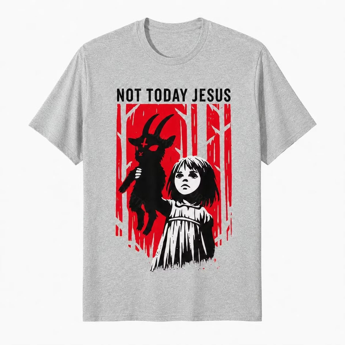 Light Grey Not Today Jesus gothic goat graphic T-shirt with red woodland artwork