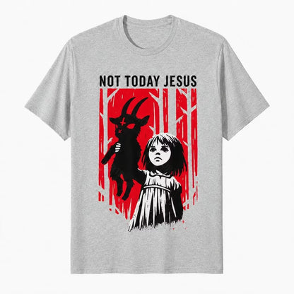 Light Grey Not Today Jesus gothic goat graphic T-shirt with red woodland artwork