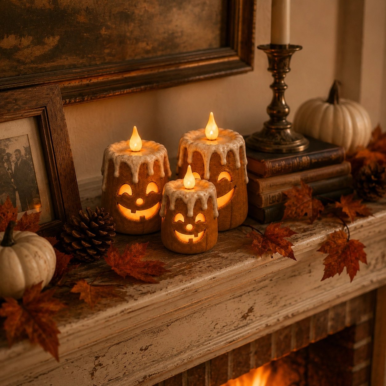 Lighted pumpkin candle trio on fireplace mantel with fall Thanksgiving decor