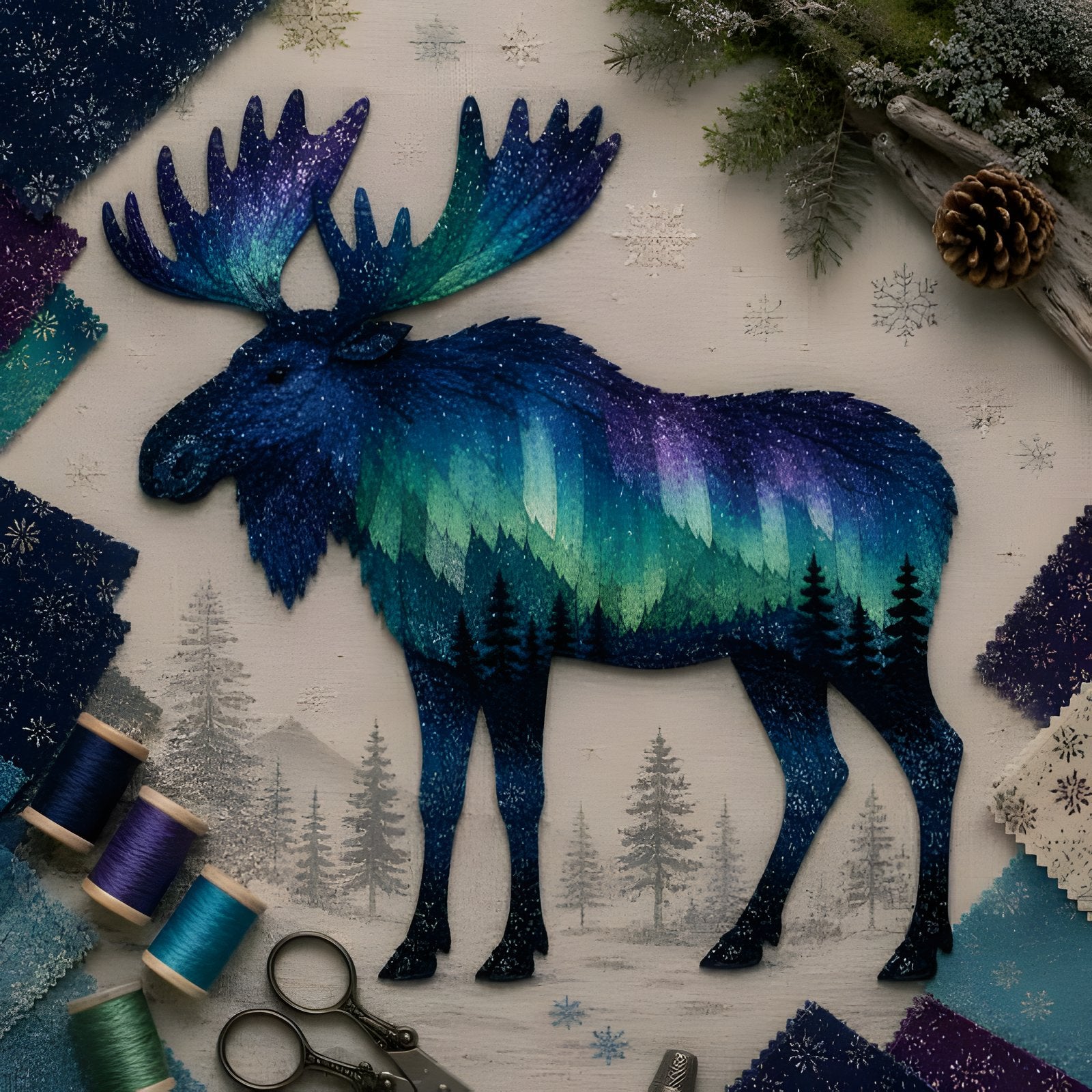 Moose aurora patchwork art kit finished wall art with fabric background