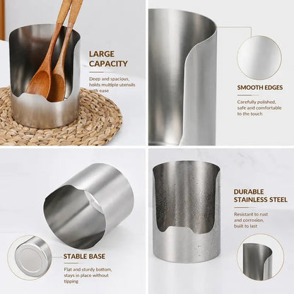 Stainless steel utensil organizer interior capacity and polished edge close-ups