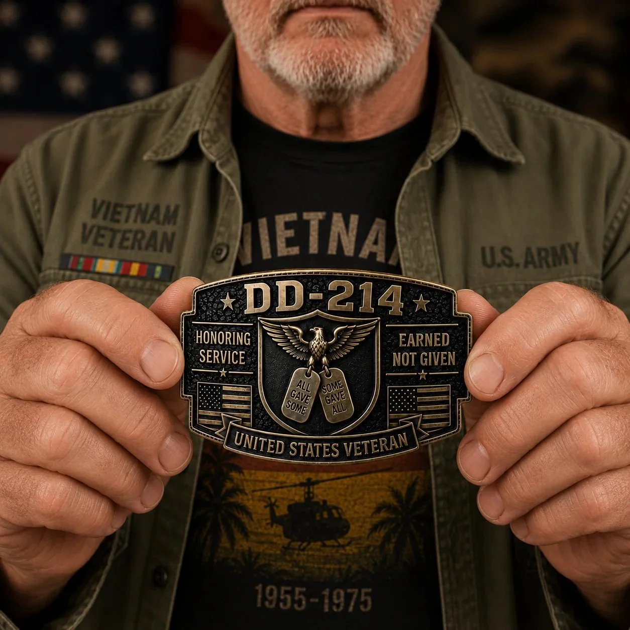 Veteran holding DD-214 Veteran Honor Belt Buckle in hand