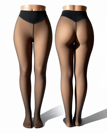 Tan fleece-lined thermal sculpting leggings, front and back views