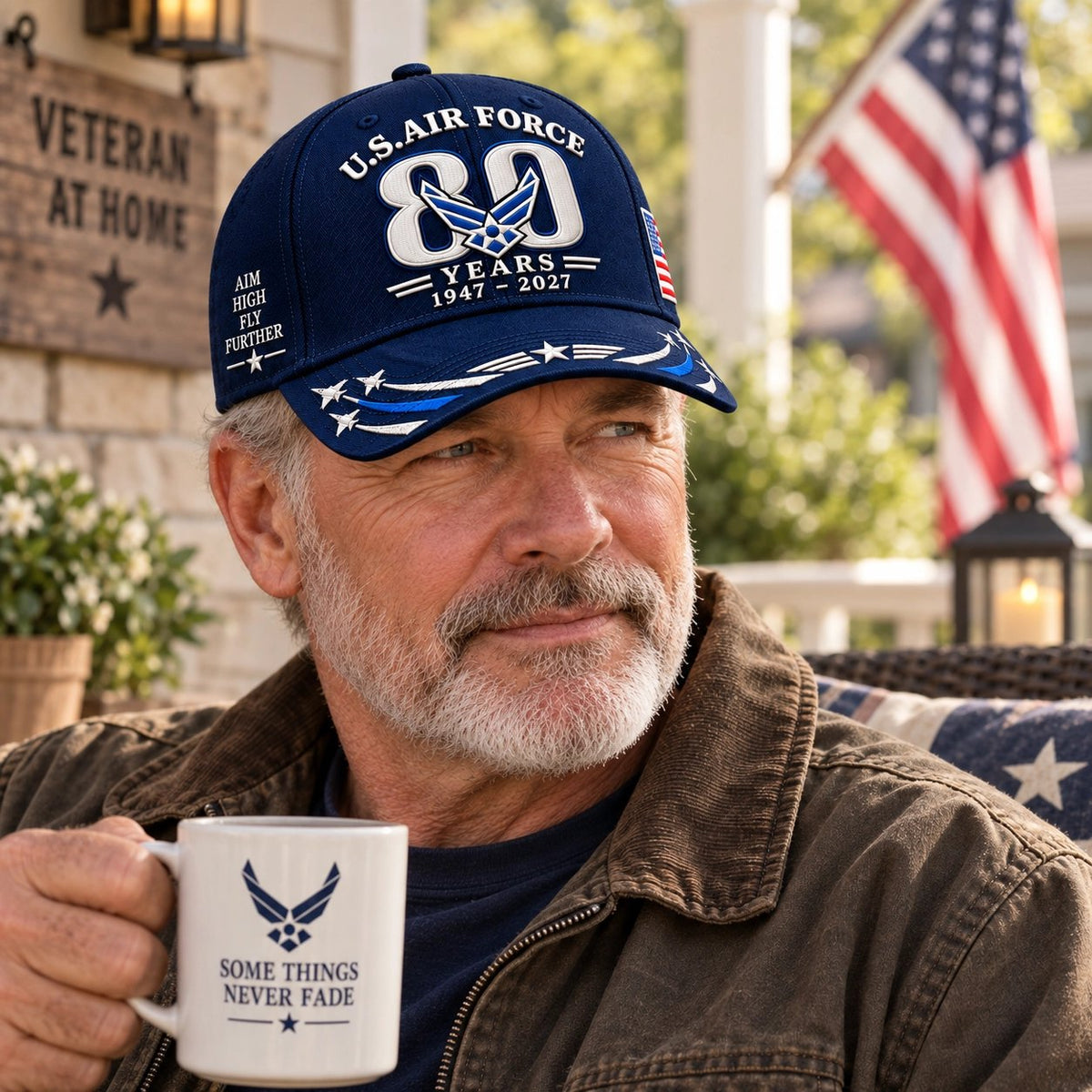 Air Force veteran wearing the 80th Anniversary heritage cap at home