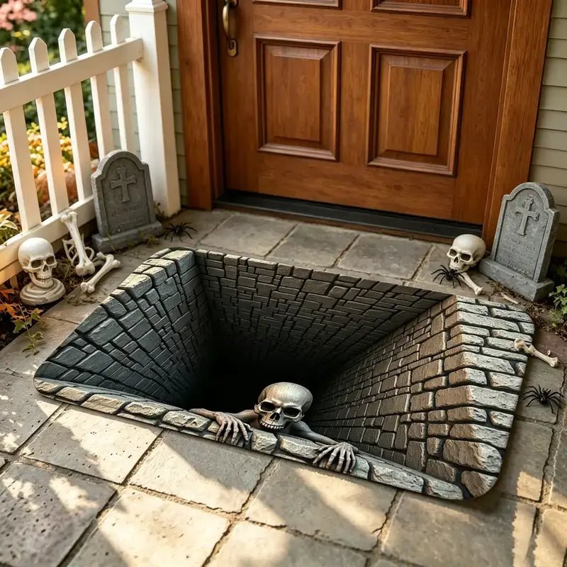 Stone skull pit 3D Halloween doormat on a front porch