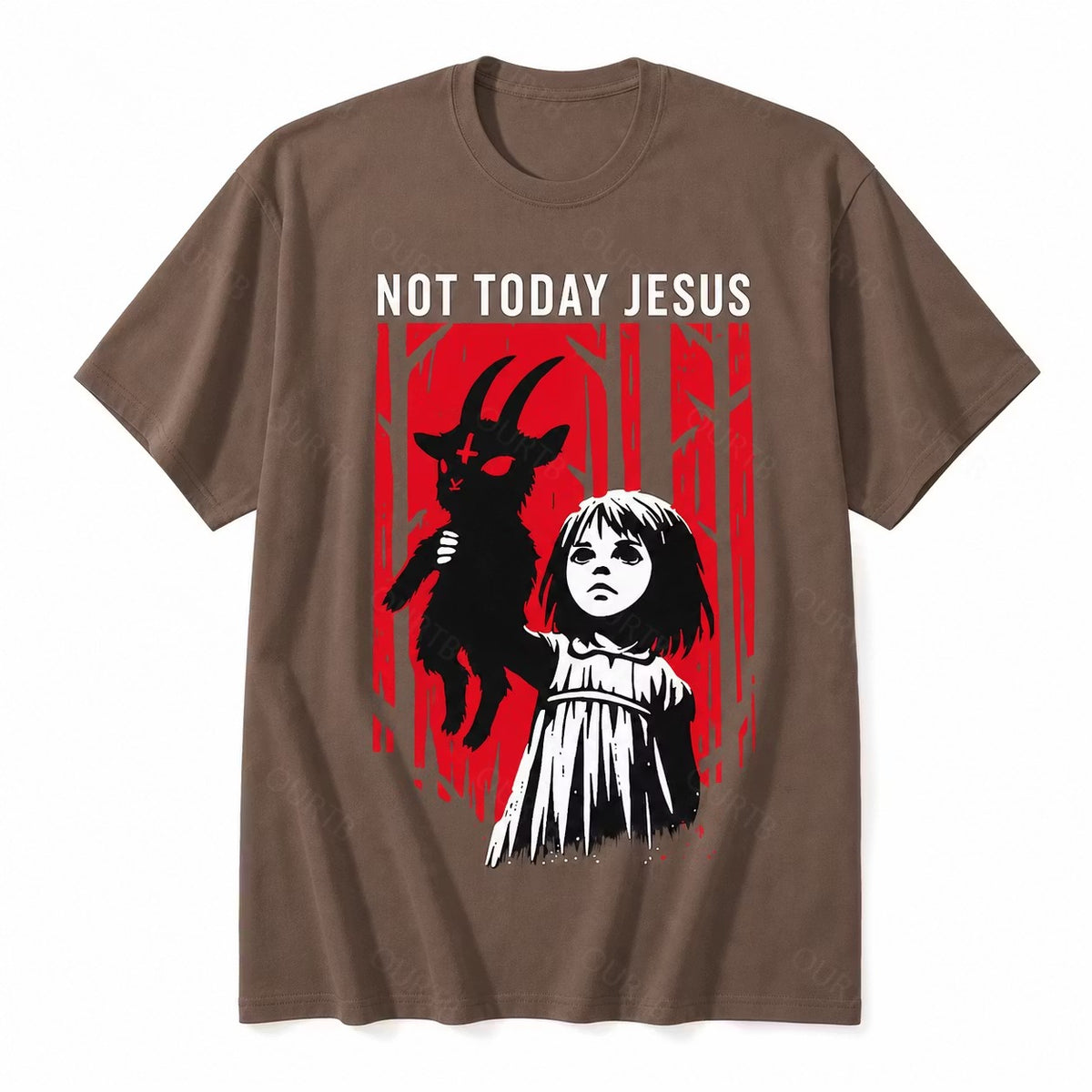 Brown Not Today Jesus gothic goat graphic T-shirt with red woodland artwork