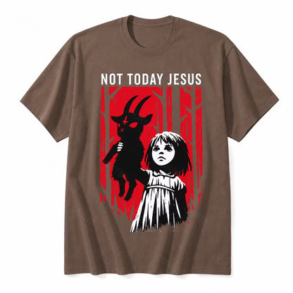 Brown Not Today Jesus gothic goat graphic T-shirt with red woodland artwork
