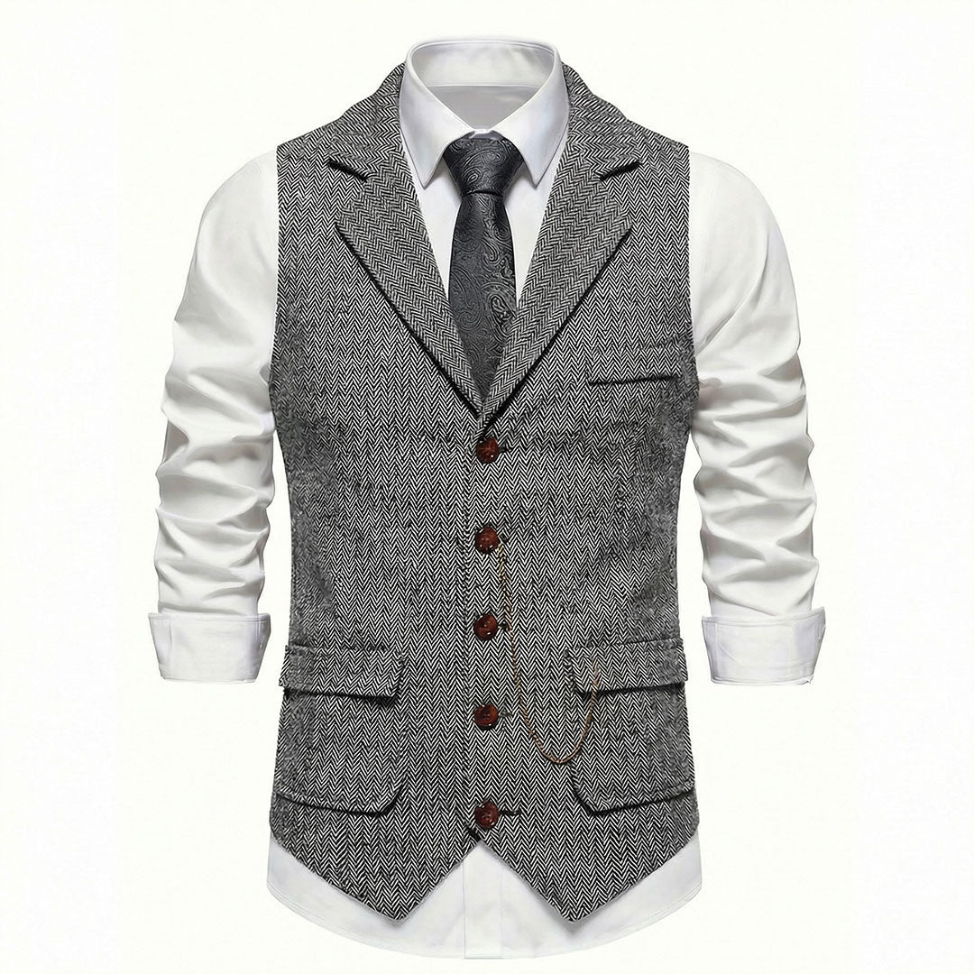 Men's Gunmetal Gray herringbone tweed waistcoat front view