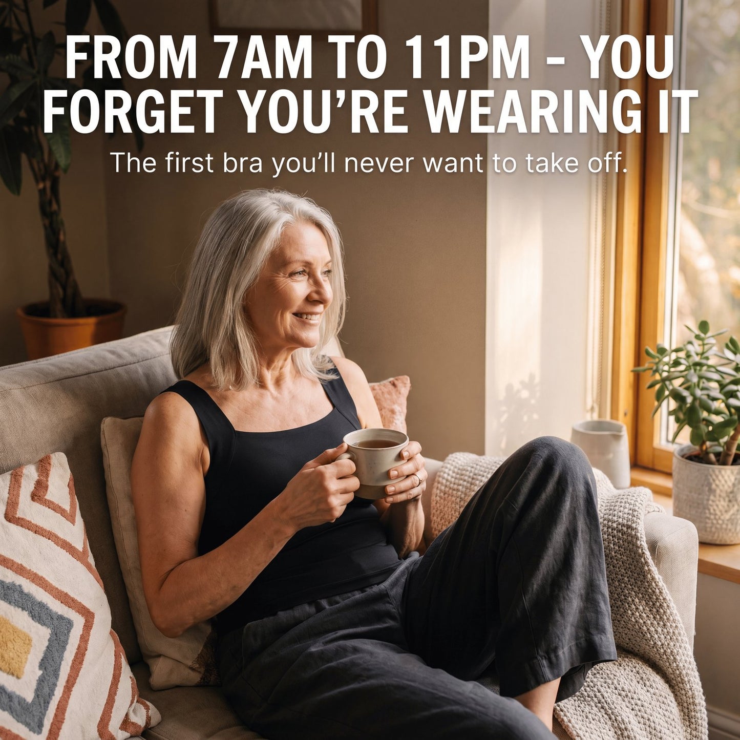 Woman relaxing wearing sculpt tank all day comfort