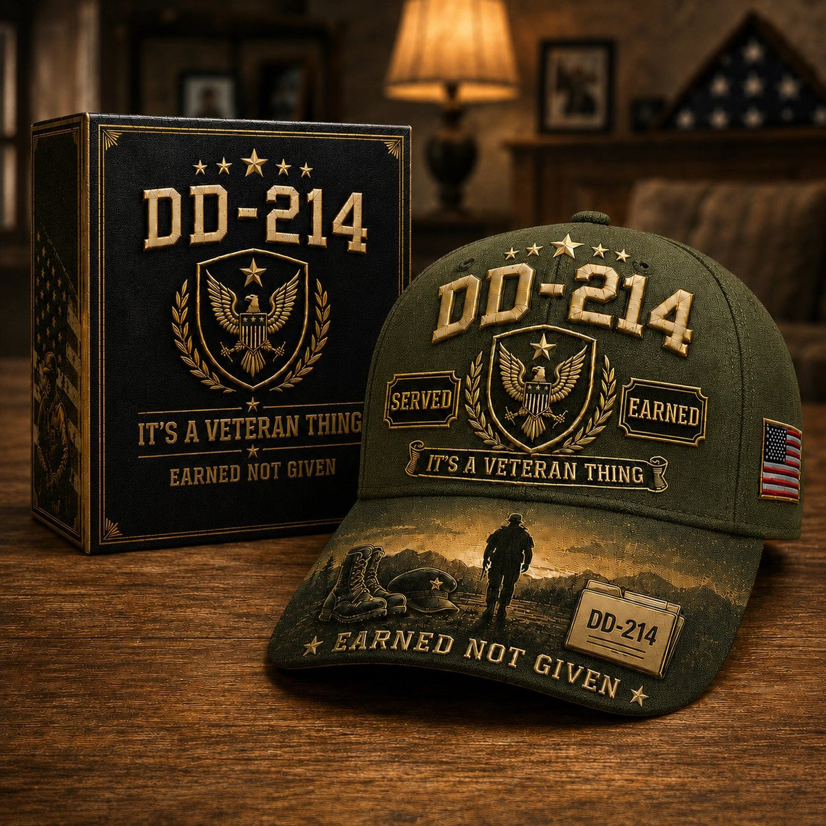 DD-214 commemorative cap in olive green — patriotic veteran tribute hat adjustable fit