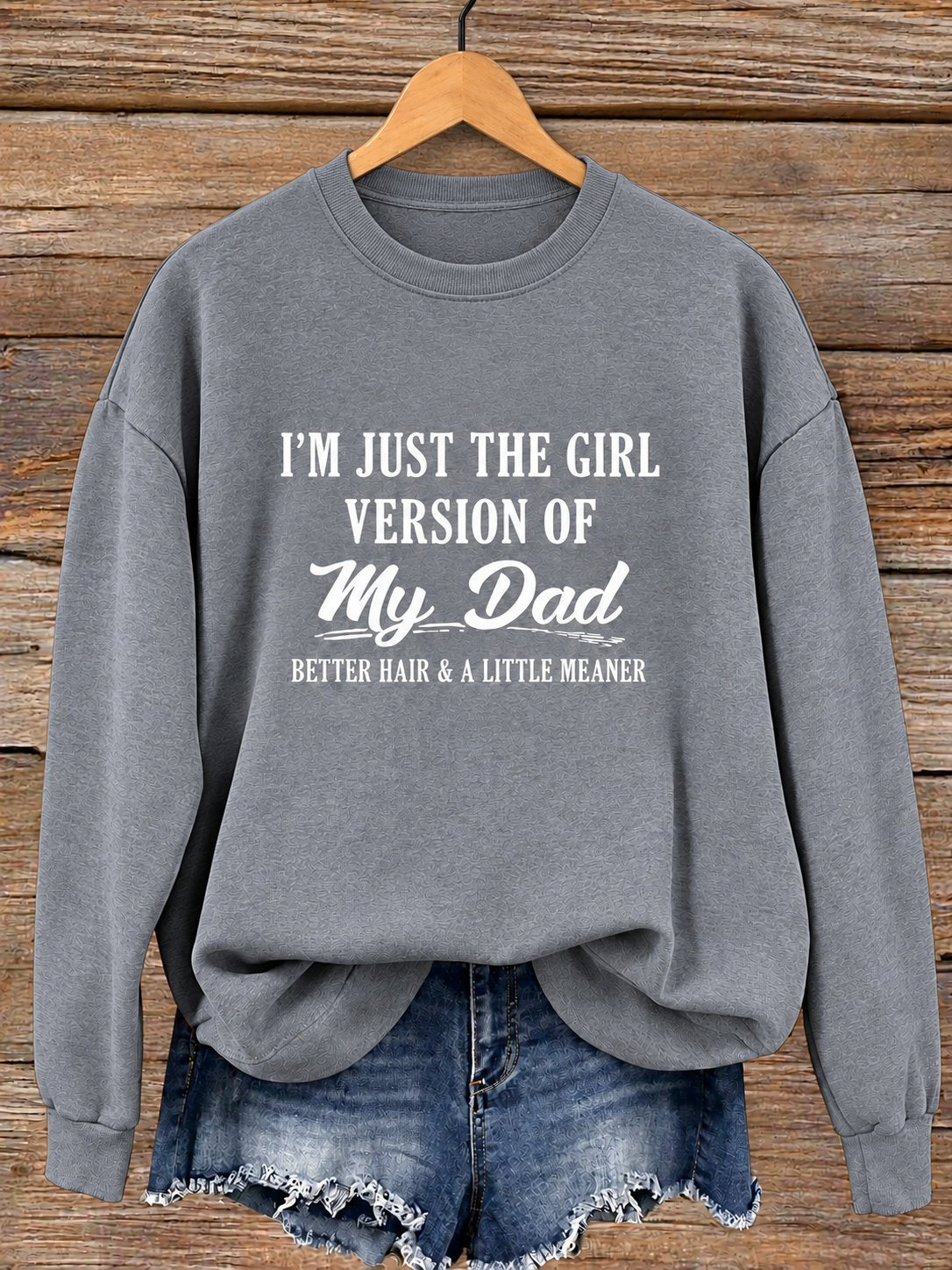 Dark grey women's crewneck sweatshirt, girl version of my dad print