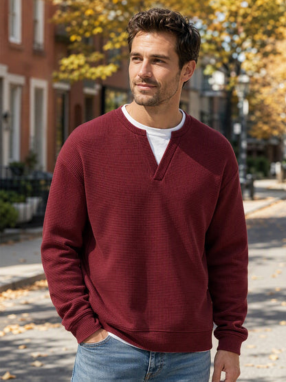 Burgundy men's waffle knit long sleeve faux layered tee