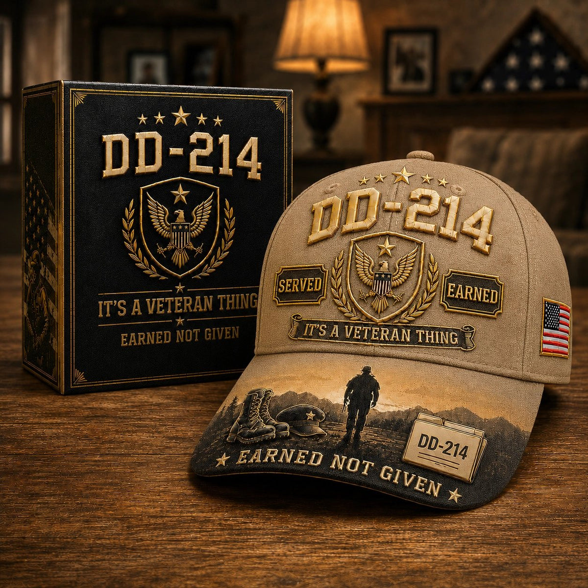 DD-214 Served Earned cap in khaki — veteran honor cap with curved brim