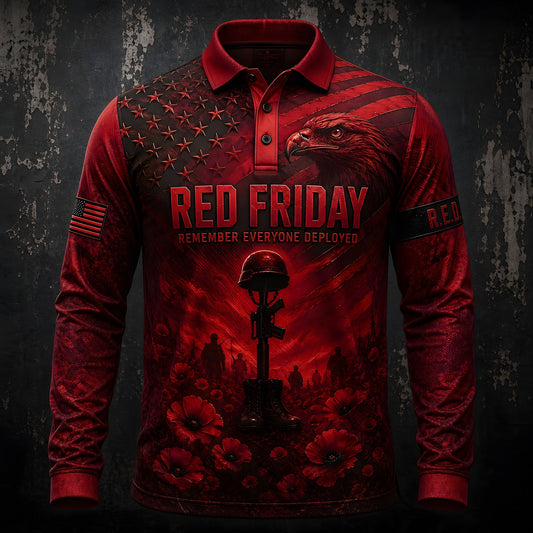 R.E.D. Friday long sleeve polo shirt with eagle, American flag and Battlefield Cross print in red and black