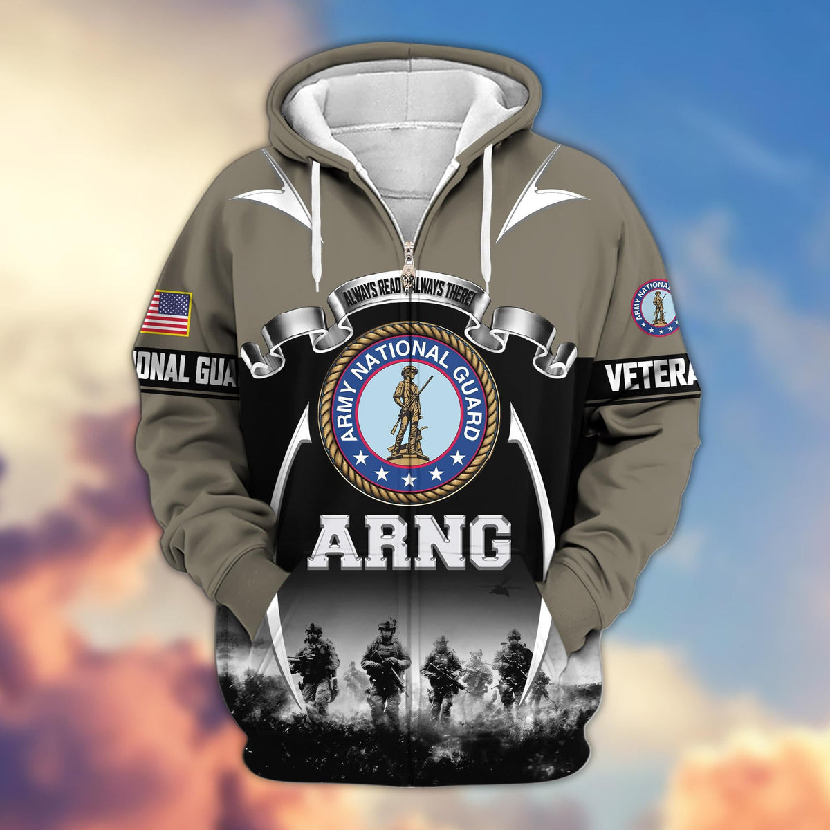 US veteran zip up hoodie - Army National Guard military graphic front view