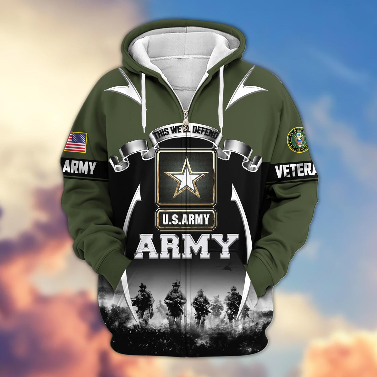 US veteran zip up hoodie - Army2 military graphic front view