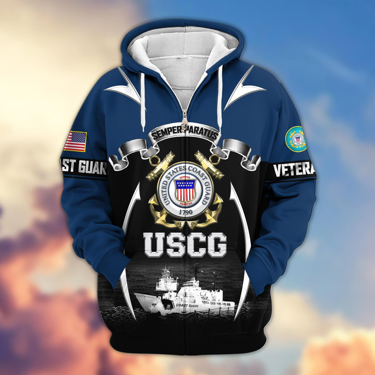 US veteran zip up hoodie - Coast Guard military graphic front view