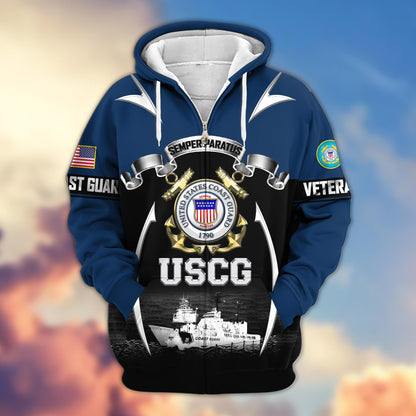 US veteran zip up hoodie - Coast Guard military graphic front view