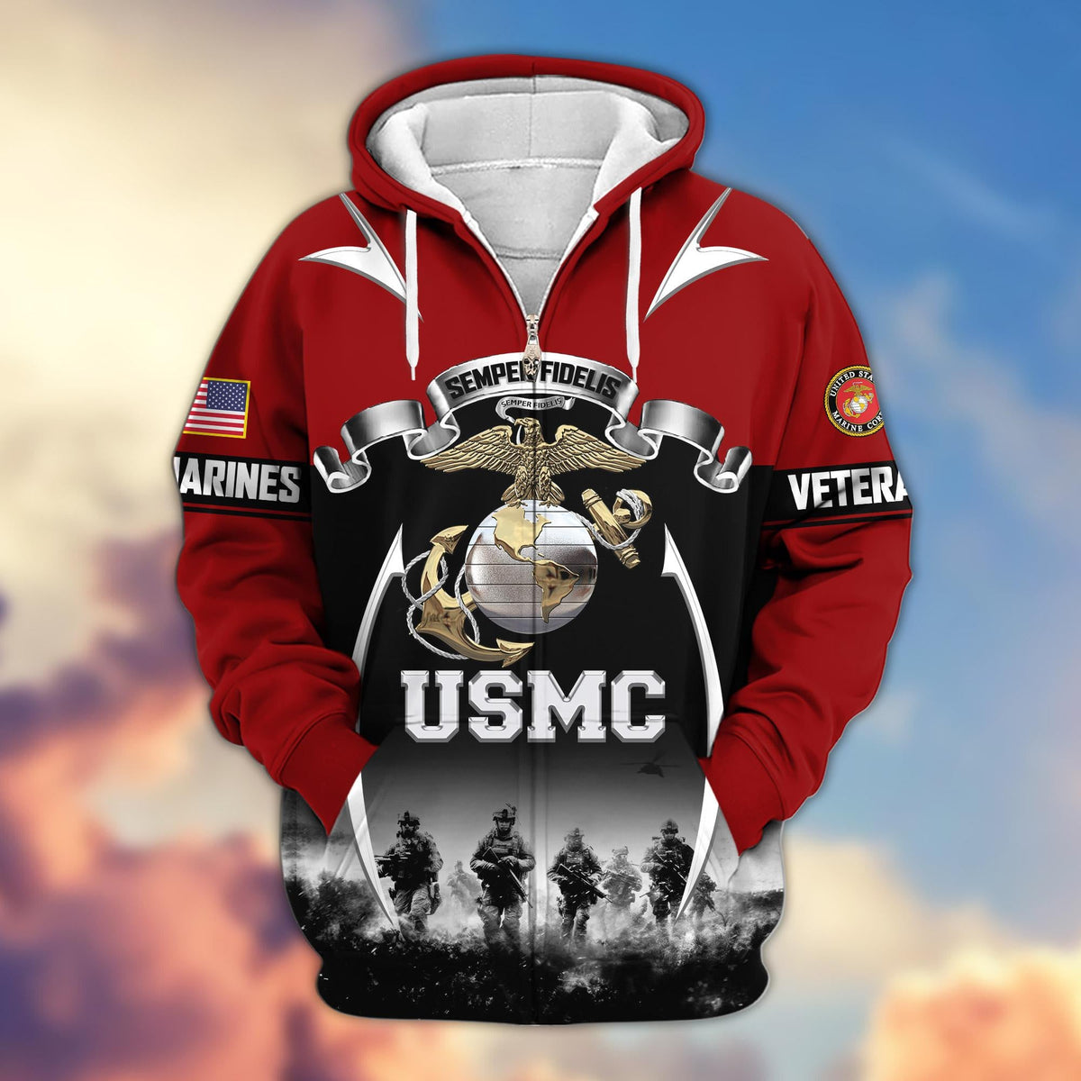 US veteran zip up hoodie - Marine military graphic front view