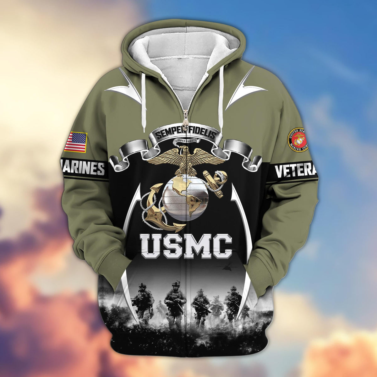 US veteran zip up hoodie - Marine2 military graphic front view
