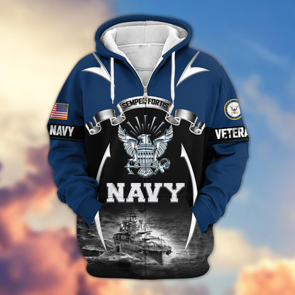 US veteran zip up hoodie - Navy military graphic front view