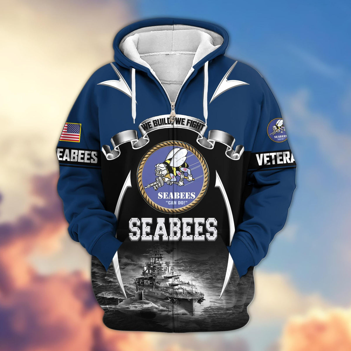 US veteran zip up hoodie - Seabees military graphic front view