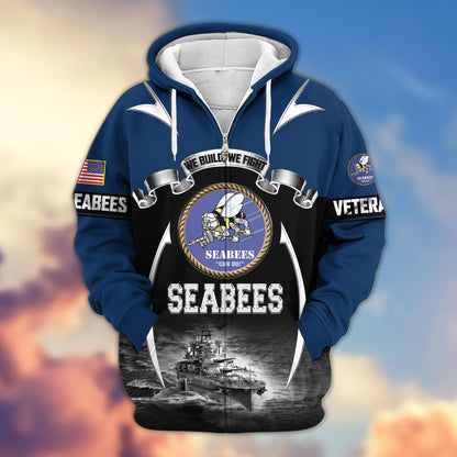 US veteran zip up hoodie - Seabees military graphic front view