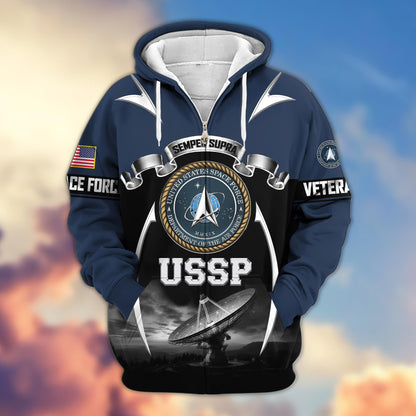 US veteran zip up hoodie - Space Force military graphic front view