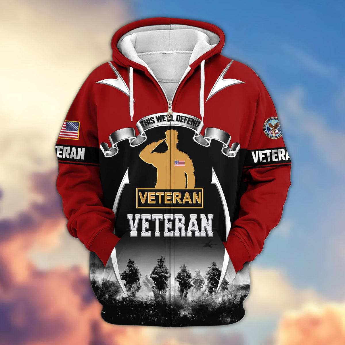 US veteran zip up hoodie - Army military graphic front view